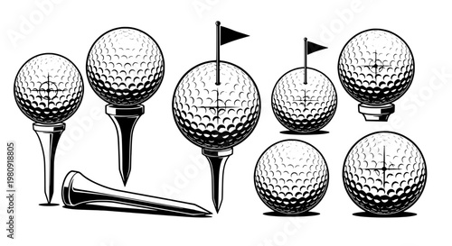 Golf balls set with tees and flags in a hand-drawn illustration style featuring sports, golfing, black and white with line art and vector elements