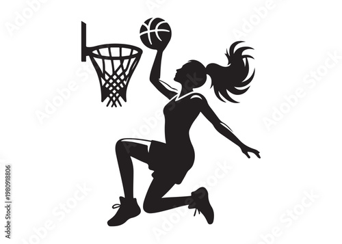 women's basketball dunking logo silhouette vector, basketball logo silhouette vector illustration, sport basketball logo vector, basketball player dunking logo vector silhouette on white background