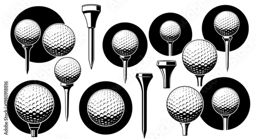 Golf balls set with tees and clubs in a stylized illustration featuring golfing, clean composition on simple background