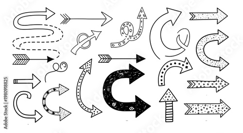 Arrows hand drawn set with outlined curves, arrows, dotted accents, and geometric stickers for directions and navigation icons