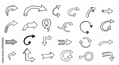 Arrows curved direction vector icon set with curved tails, loops and thin stroke doodle style for navigation UI