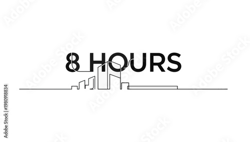 8 hours workday concept continuous line art. Minimalist single fluid stroke city skyline vector illustration