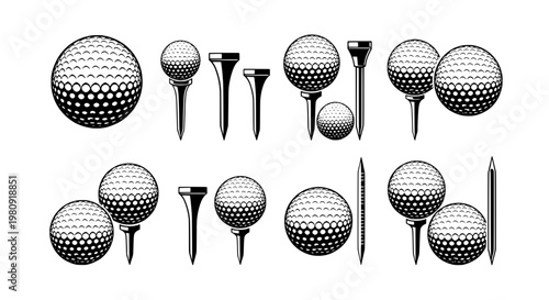 Golf ball and tee icons set, monochrome halftone texture with minimalist club accessories for sports design