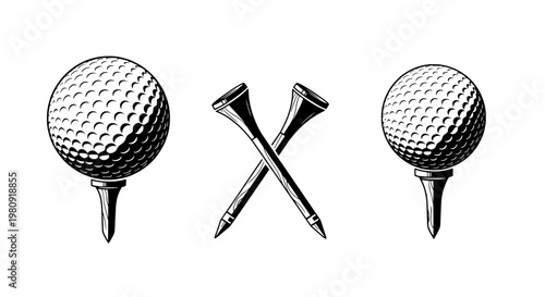Golf ball trio with pin tee and crossed clubs icon, black line art emblem for sports logo and printable badges