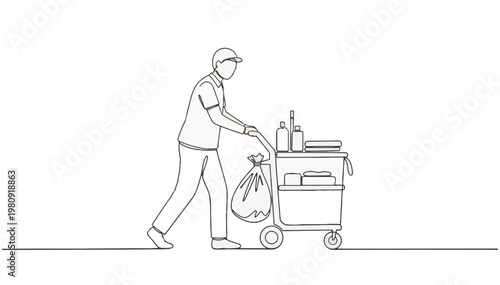 Cleaner pushing janitorial cart continuous line art. Minimalist single fluid stroke maintenance worker vector illustration