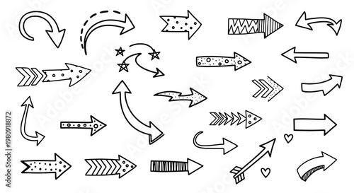 Arrows hand drawn line icons with doodle curves, outlined shapes and textured markings for direction navigation concept