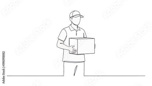 Delivery person with a package continuous line art. Minimalist single line vector illustration. Courier service concept isolated on transparent background