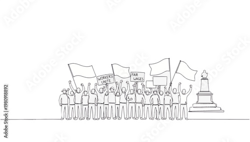 Labor union rally and protest continuous line art. Crowd of workers with banners minimalist vector illustration isolated on transparent background