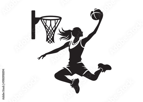 women's basketball dunking logo silhouette vector, basketball logo silhouette vector illustration, sport basketball logo vector, basketball player dunking logo vector silhouette on white background