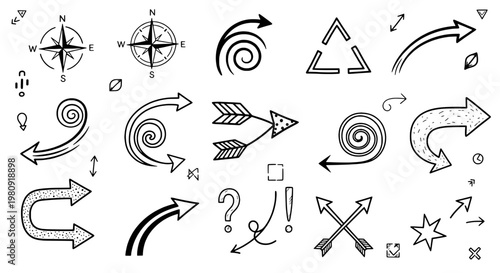 Symbols hand drawn set with black and white line art icons featuring vector, illustration, design with graphic and communication elements for arrows,