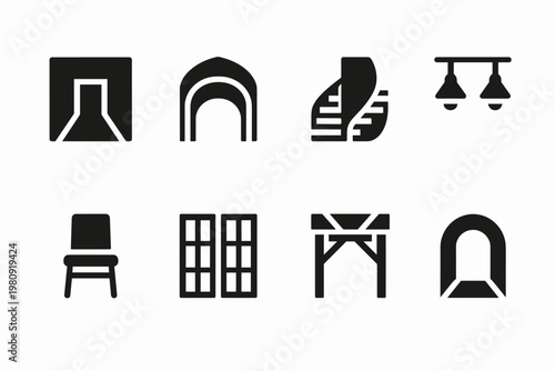 Symmetric Icon Set. Interior Symmetry Views. Filled icon set of Interior Symmetry Views: corridor view,