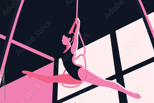 Aerial gymnast performing split on suspended hoop with geometric stage background in dramatic colors, vector illustration.