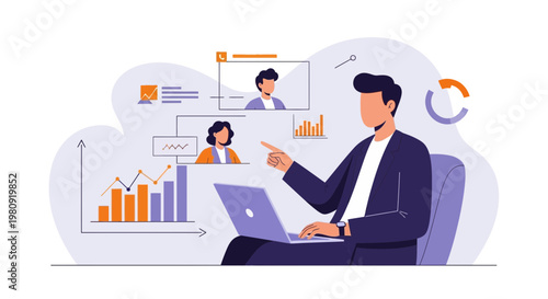 Business meeting online, man working on laptop with charts and video conference