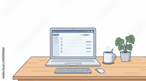 Clean vector illustration of a freelance workspace with a laptop displaying a task management interface, paired with coffee and plant elements.