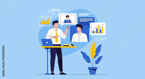 Business meeting online, team collaboration, presentation, charts, laptop, video call