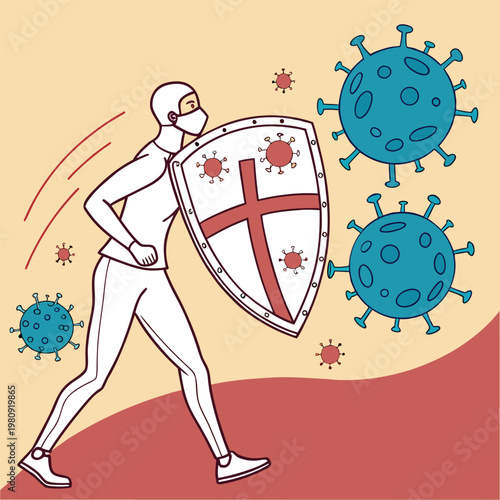 Person in motion with shield against viruses health care immune system