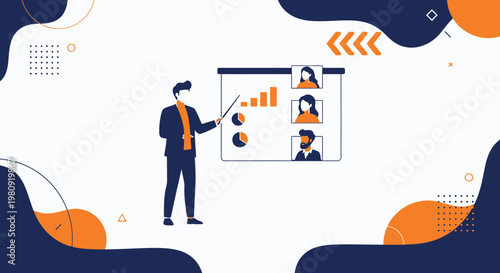 Business meeting presentation with charts and video conference participants