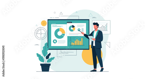 Businessman presenting financial data with charts on a large screen, business analytics concept