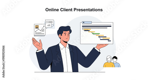 Businessman presenting online client presentation with project timeline and charts