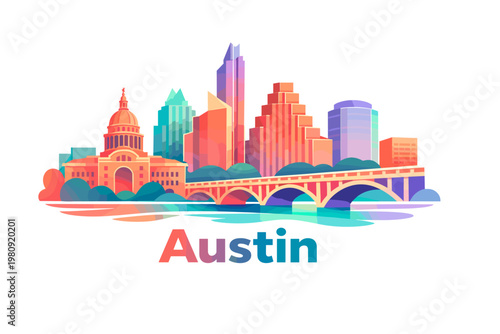 Vibrant Gradient Cartoon Austin Skyline Illustration in Modern 2D Vector Style with Texas State Capitol and Bridge over River