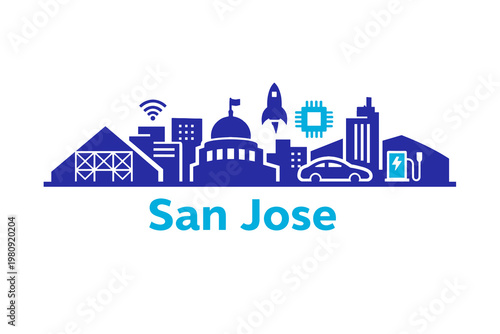 Modern Blue Vector Skyline of San Jose – Tech Icons, Rocket, Chip and Silicon Valley Symbols Illustration