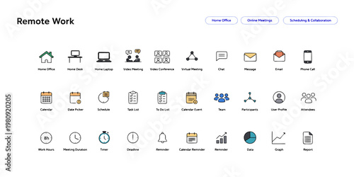 Remote Work Icons: A comprehensive array of clean, modern icons represents different aspects of remote work, providing a visual guide to working remotely.