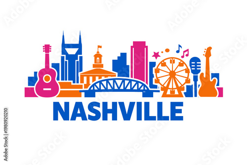 Vibrant Cartoon Nashville Skyline Illustration in Bold 2D Vector Style with Guitars, Ferris Wheel, Music Icons and City Name