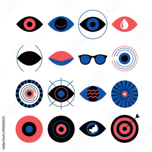 Visionary Ensemble: A modern array of artistic eyes, each a unique symbol, set against a sleek background, capturing the essence of sight, perception, and visual art.