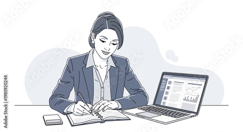 Businesswoman working at desk with laptop and notebook, modern office illustration