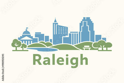 Minimalist Vector Skyline of Raleigh – Blue Cityscape with Capitol Building, Trees and Hills Illustration