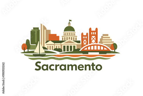 Minimalist Flat Vector Sacramento City Skyline Illustration with Capitol Building, Tower Bridge, River and "Sacramento" Text