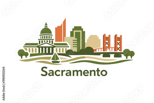 Flat Cartoon Sacramento Skyline Illustration in Clean 2D Vector Style with State Capitol, Tower Bridge and River