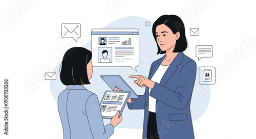 Businesswomen collaborating on digital tablets, discussing resumes and data analytics