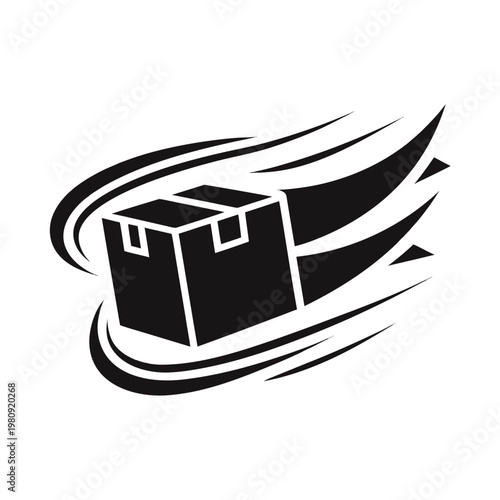 Speedy Delivery: A streamlined black and white illustration of a speeding cardboard box, conveying the concept of swift and reliable delivery service.