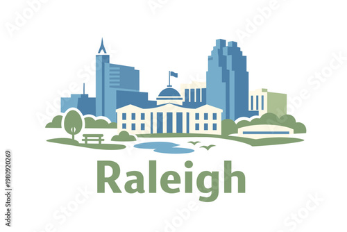 Flat Cartoon Raleigh Skyline Illustration in Clean 2D Vector Style with State Capitol Building, Modern Skyscrapers and Park Elements