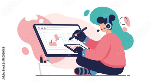 Creative Designer Working on Digital Tablet and Computer, Illustration