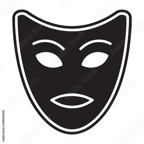 Black and white graphic of a theatre mask with performance illustration entertainment representation abstract stylized minimalist silhouette