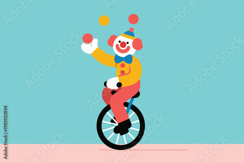 Clown juggling balls while riding unicycle under simple two tone circus background, vector illustration.