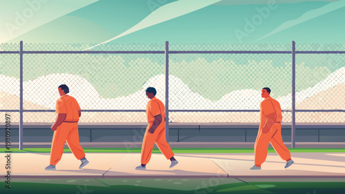 Prison Yard Exercise Scene Vector Illustration of