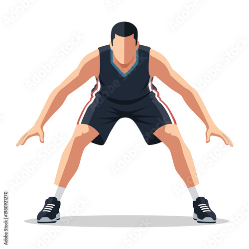 Flat illustration of a male basketball player in a defensive stance, wearing a dark jersey and shorts, ready for action against a clean white background with a sense of athleticism