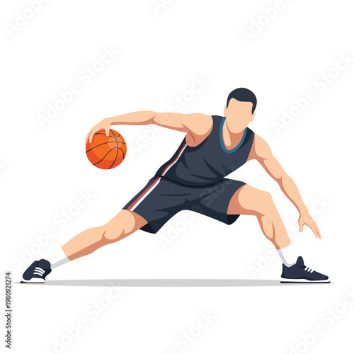 A male basketball player in athletic uniform dribbles the ball with a low stance and dynamic pose, captured in a clean, isolated vector illustration against a white background
