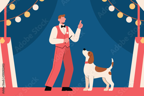 Circus performer in red vest with dog on stage under blue curtain and festive string lights, vector illustration.
