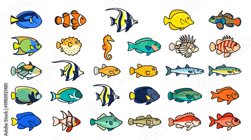 A vibrant collection of diverse cartoon fish species swimming in clear blue water, showcasing a variety of colors and patterns, ideal for educational or decorative purposes