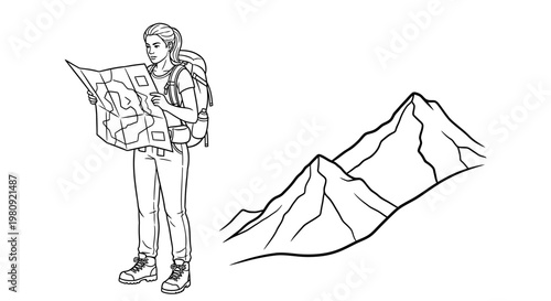 A woman with a backpack studies a map near a mountain range