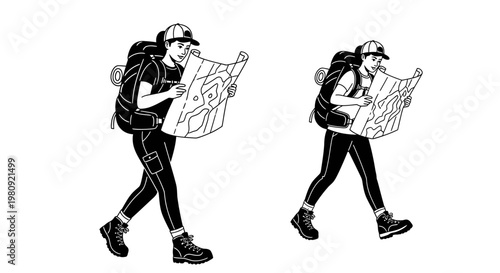Two hikers consult a map while walking illustrated in black and white