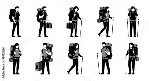 Silhouettes of hikers with backpacks and walking sticks walking forward