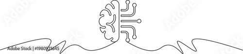 A minimalist line drawing of a brain with circuit board elements emerging from it