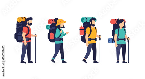 Four hikers with backpacks walking in a line illustration style