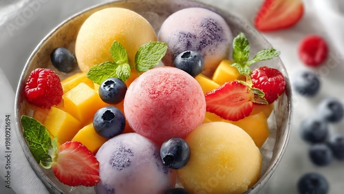 Bowl of assorted fruit sorbet with fresh berries and mango