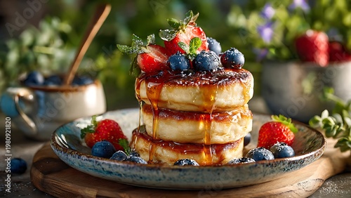 Stacked pancakes with maple syrup  fresh berries and powdered sugar